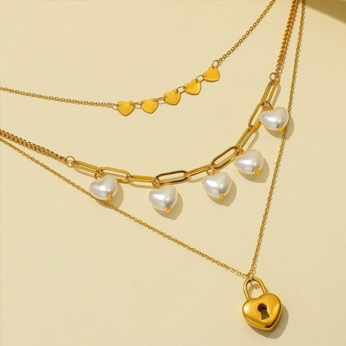 INS Triple Pearl Love Lock Stainless Steel Necklace