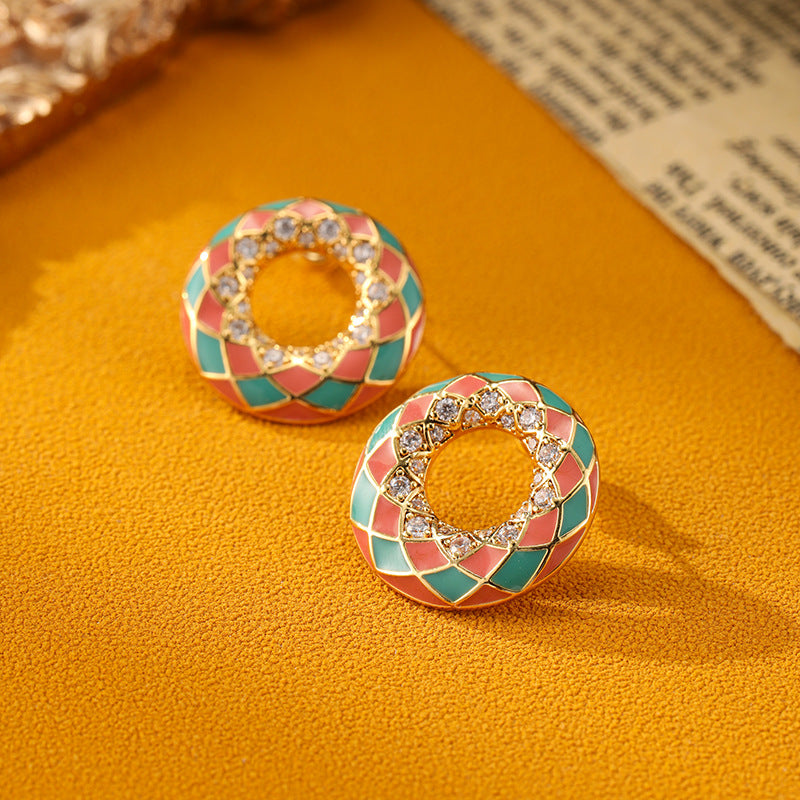 Simple Geometric Round Enamel Silver Earrings