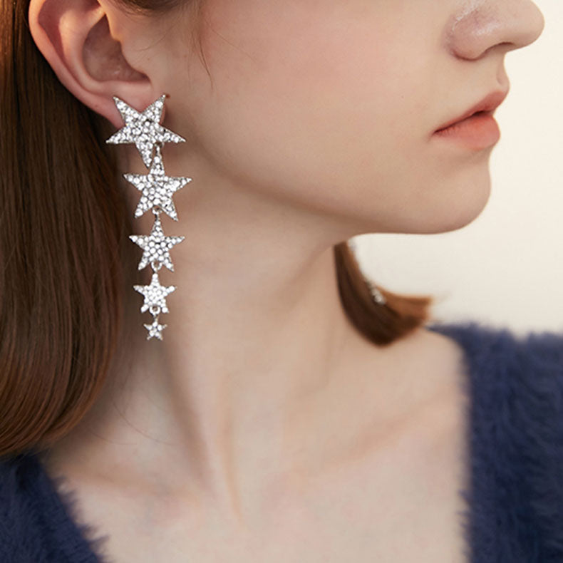 Asymmetric Pentagram Pearl Fringe Drop Earrings