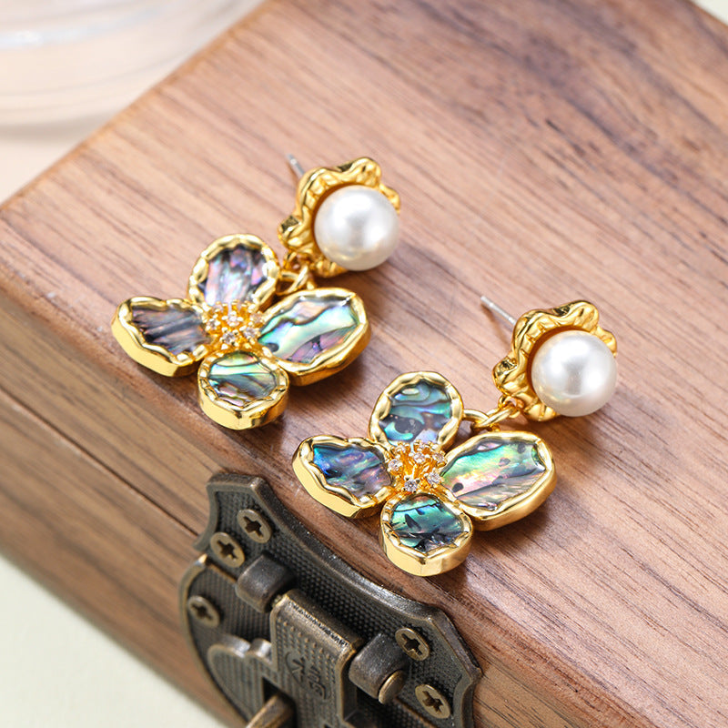 Retro Abalone Flower Pearl Tassel Earrings