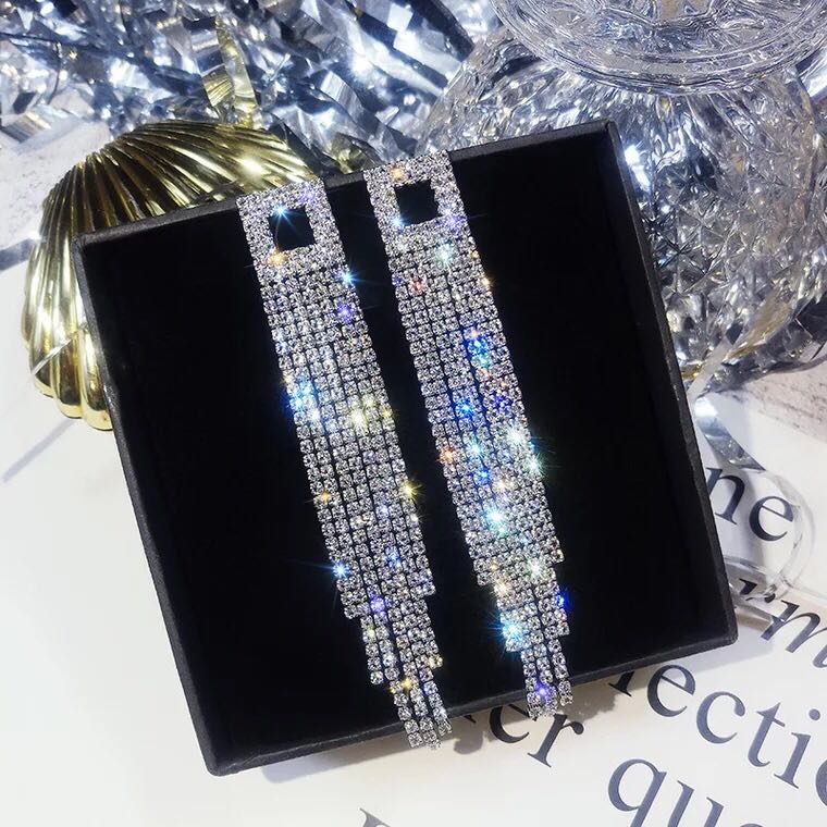 Chic Rhinestones Fringe Drop Earrings In Sterling Silver