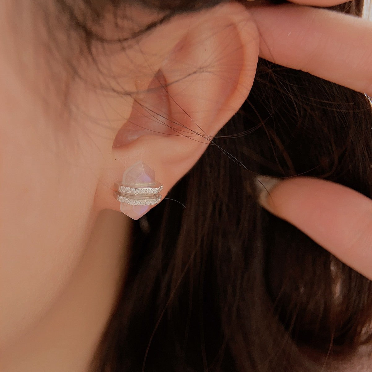 Unique Design Moon Stone Sterling Silver Stud Earrings