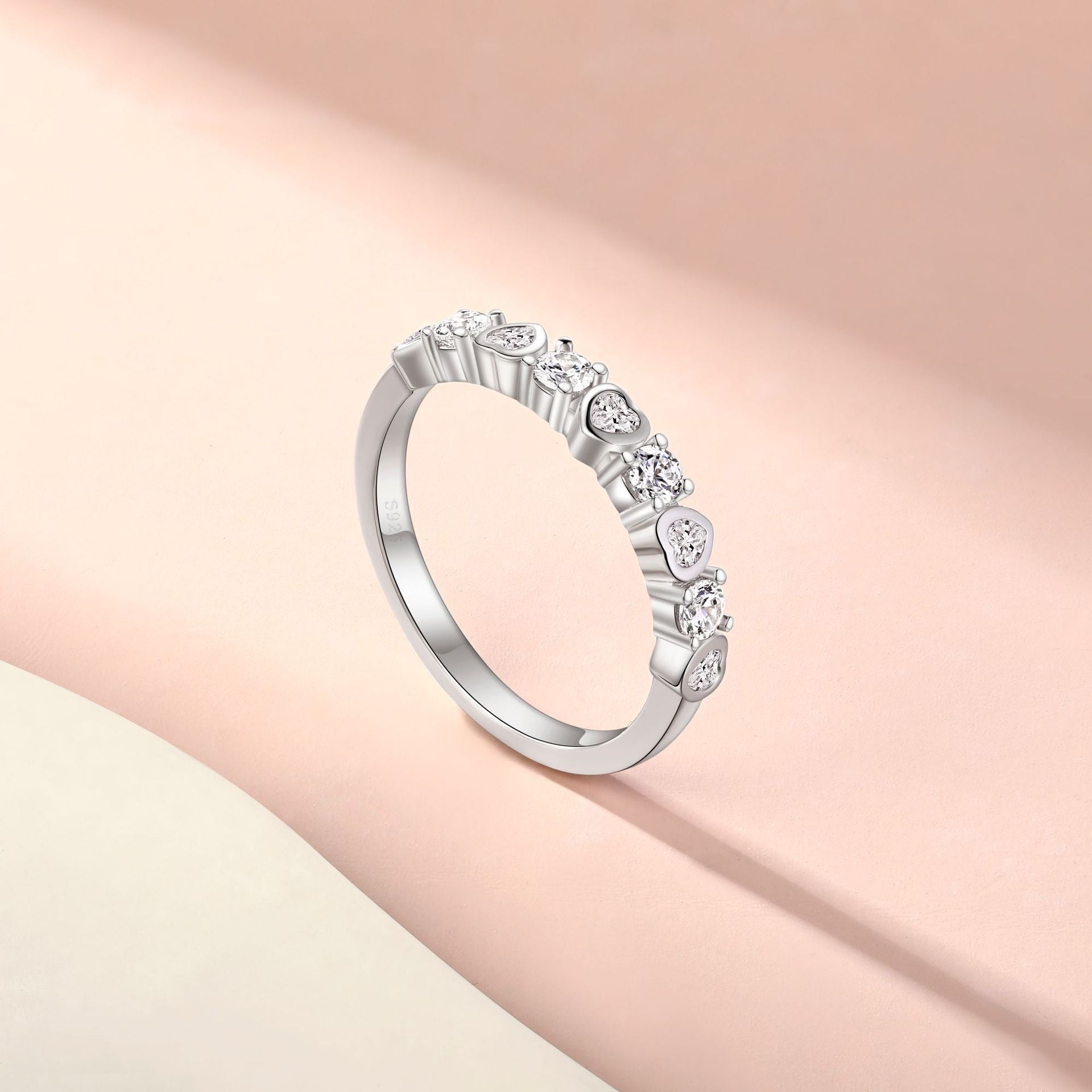 Unique Heart Round Cut Half Eterniry Silver Band