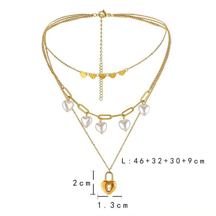 INS Triple Pearl Love Lock Stainless Steel Necklace