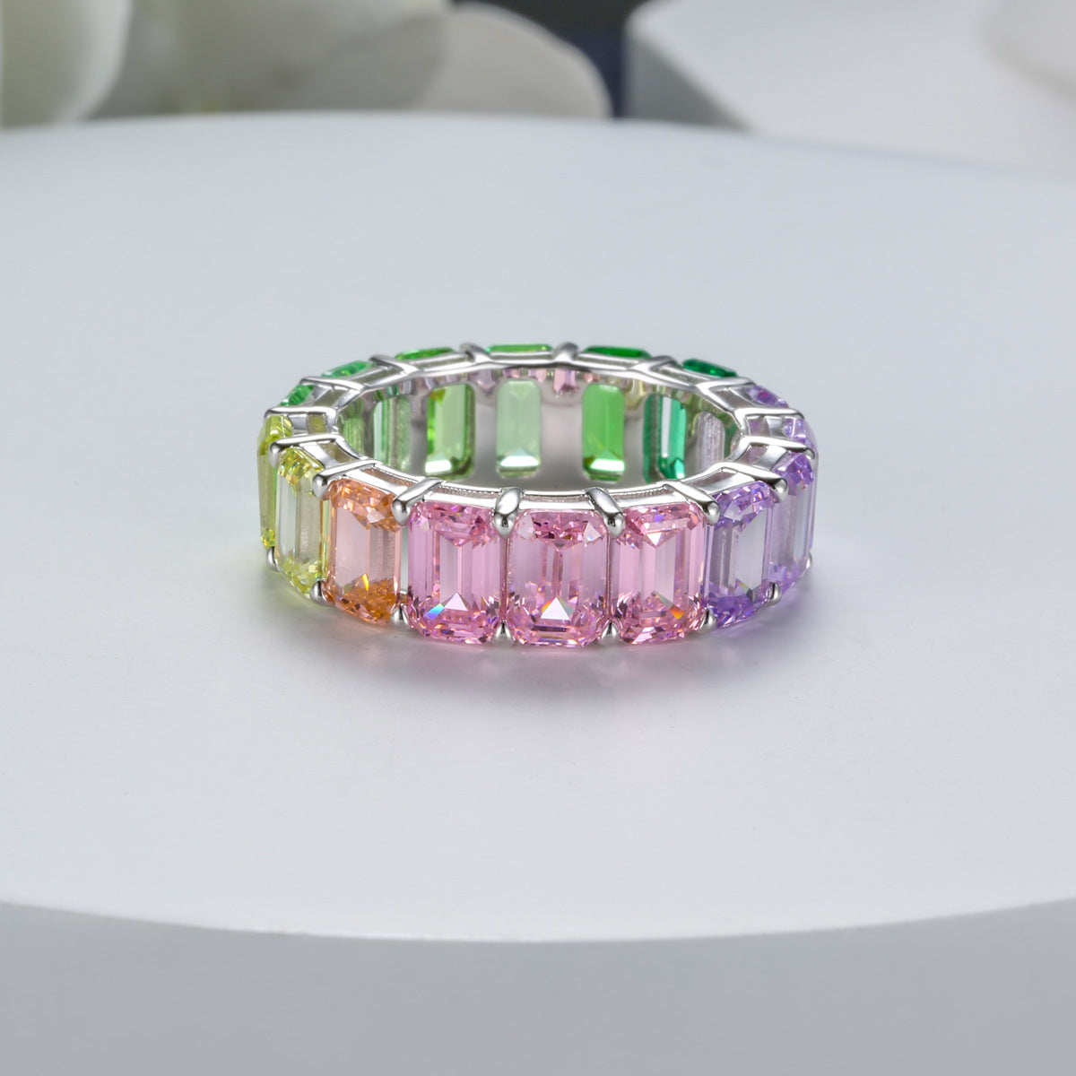 Rainbow Design Emerald Cut Eternity Band