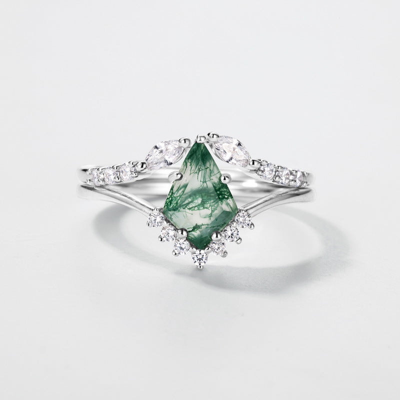 Retro Natural Green Moss Agate Ring Set For Women