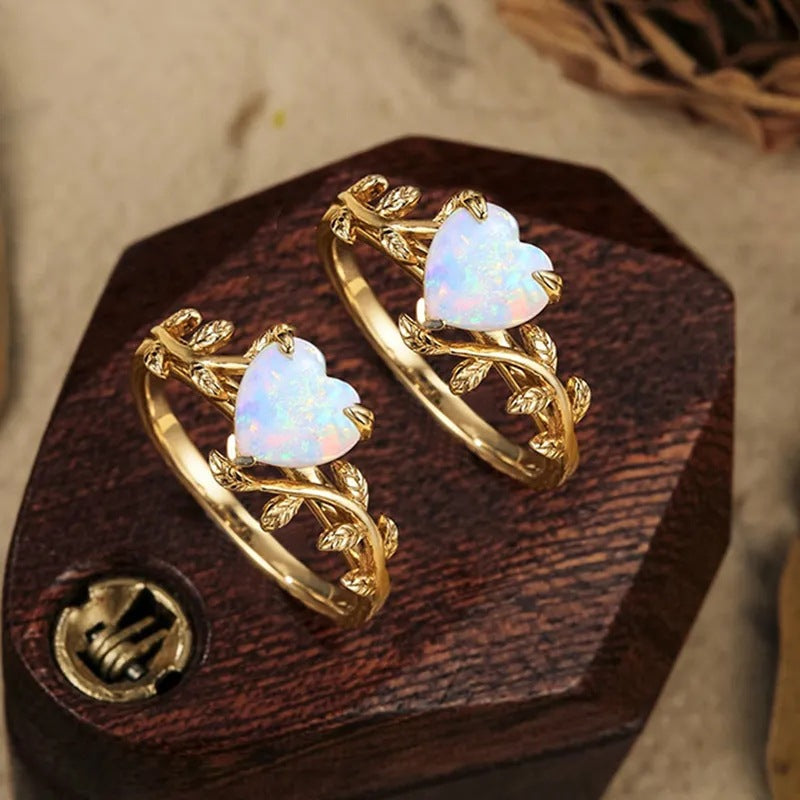 Retro Leaves Design Heart Shape Opal Ring