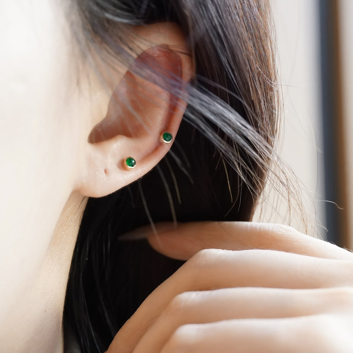 Vintage mini Golden Tone Green Stud Earrings in Sterling Silver