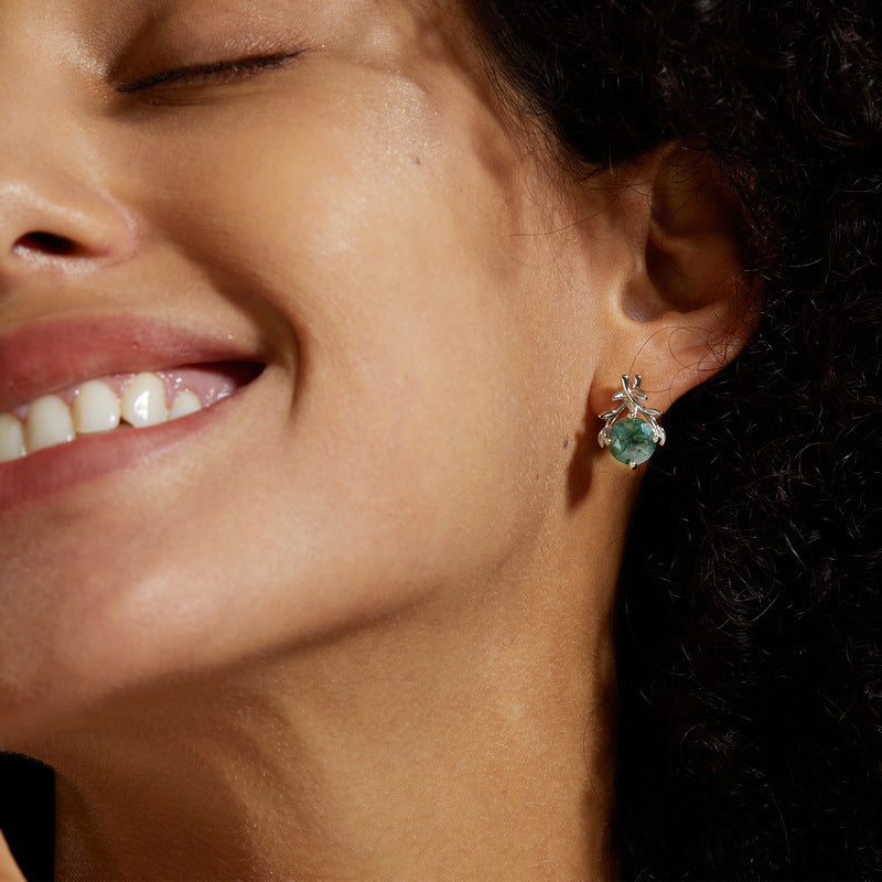 Olive Branch Green Moss Agate Stud Earrings