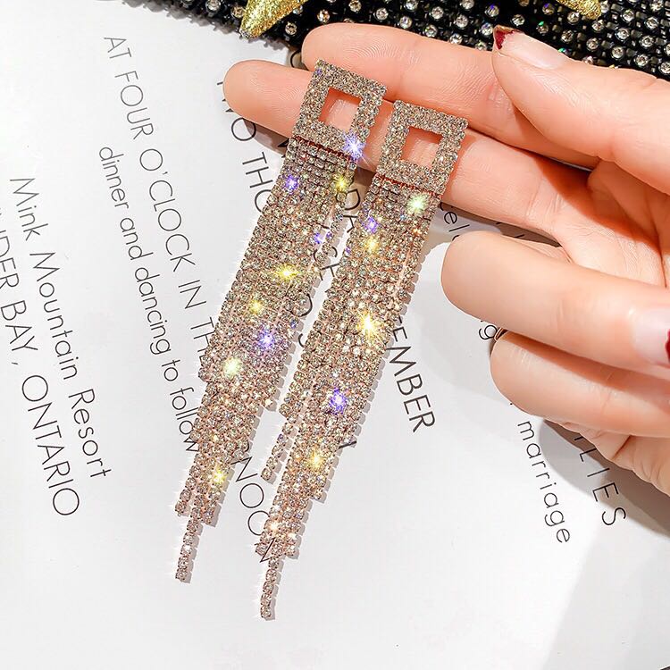 Chic Rhinestones Fringe Drop Earrings In Sterling Silver