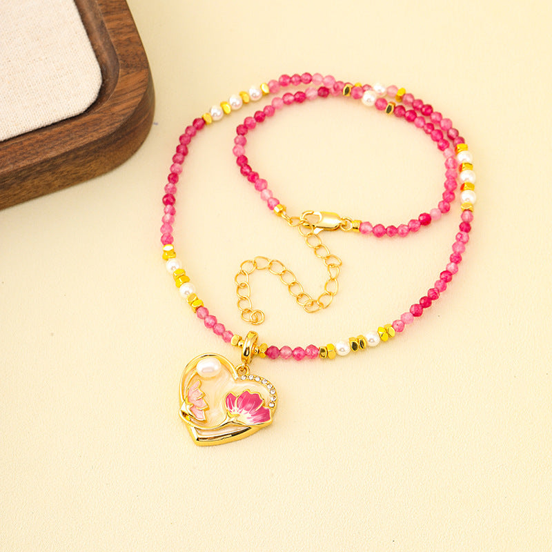 Retro Flower Heart Design Pearl Neckalce