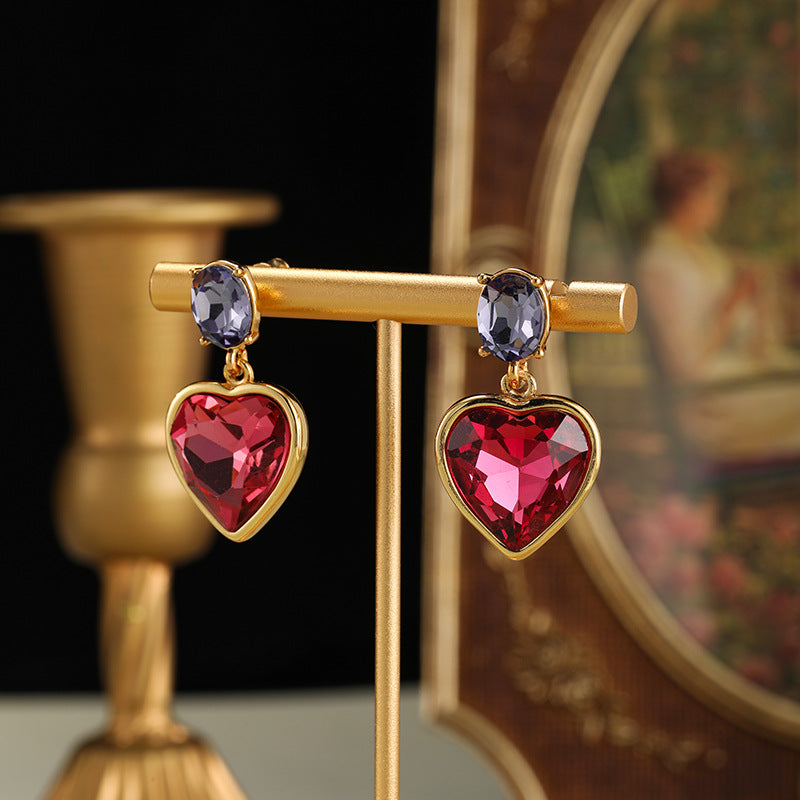 Vintage Red Heart Design 18k Gold Plated Drop Earrings