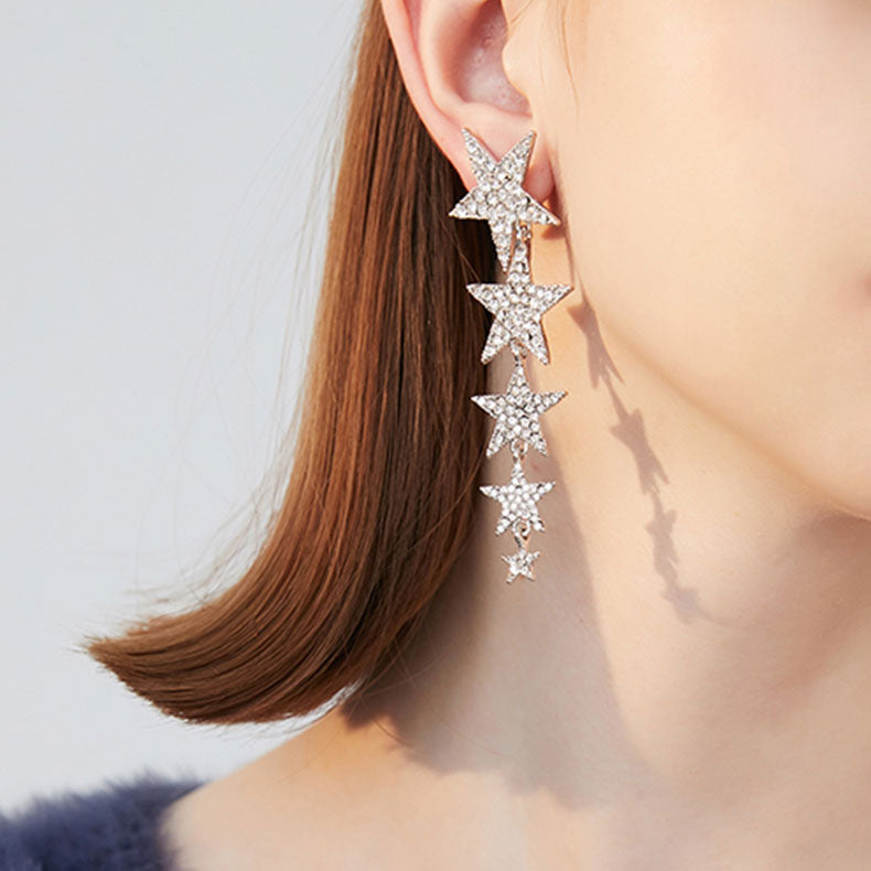 Asymmetric Pentagram Pearl Fringe Drop Earrings