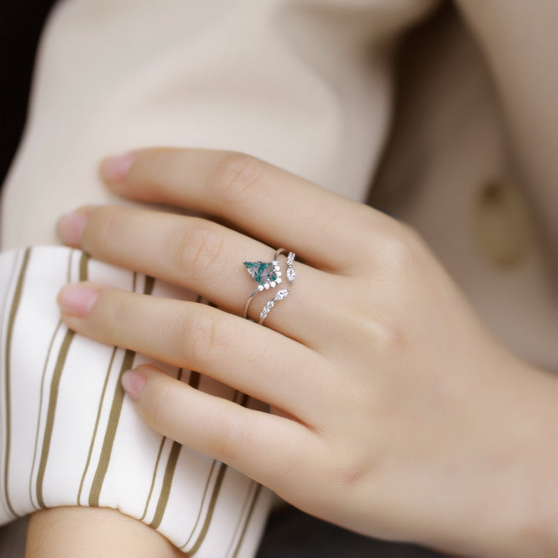 Retro Natural Green Moss Agate Ring Set For Women