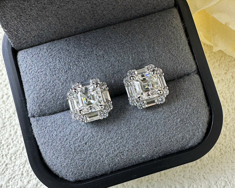 Asscher Cut Moissanite Silver Stud Earrings