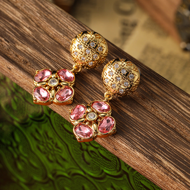 Vintage Pink Flower Design Golden Tone Drop Earrings