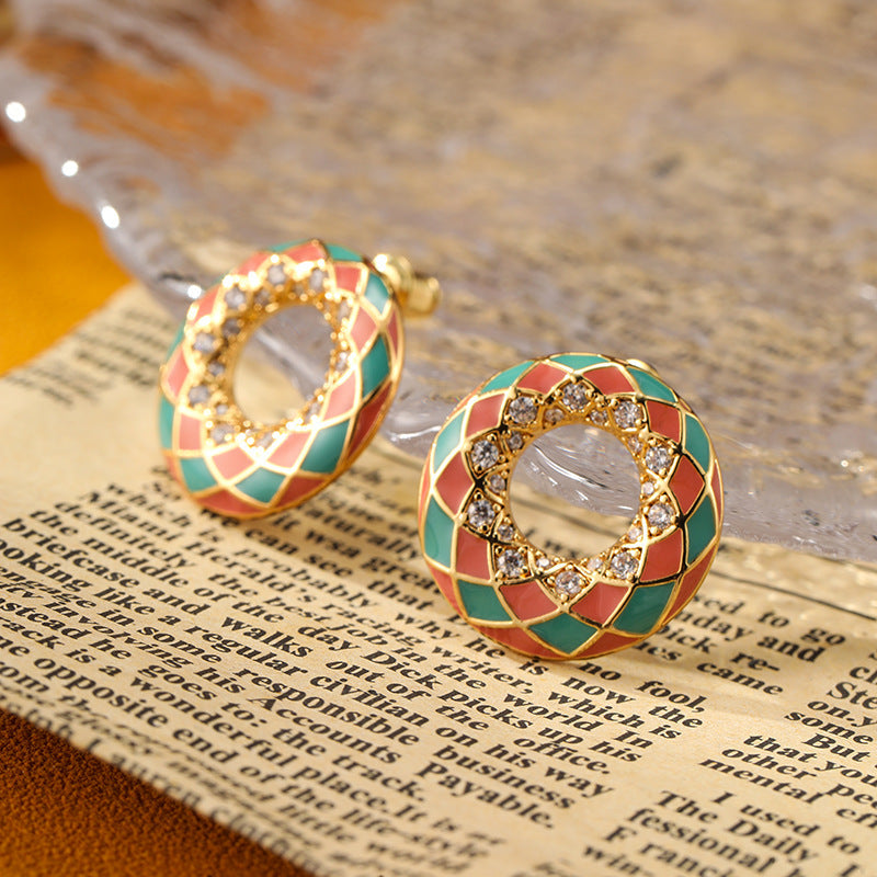 Simple Geometric Round Enamel Silver Earrings