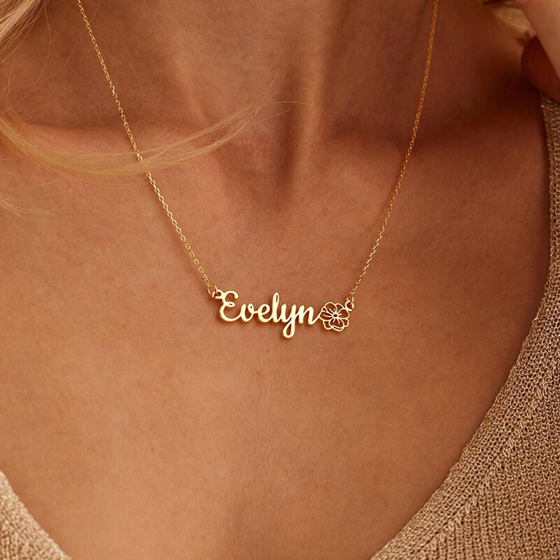 Personalize Name Necklace with Birth Flower in Stainless Steel