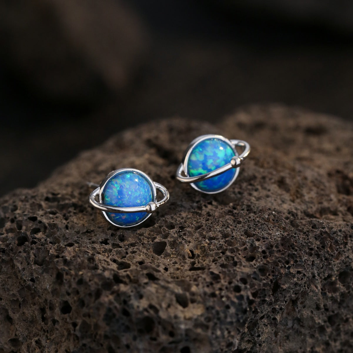 Retro Blue Earth Design Opal Stud Earrings