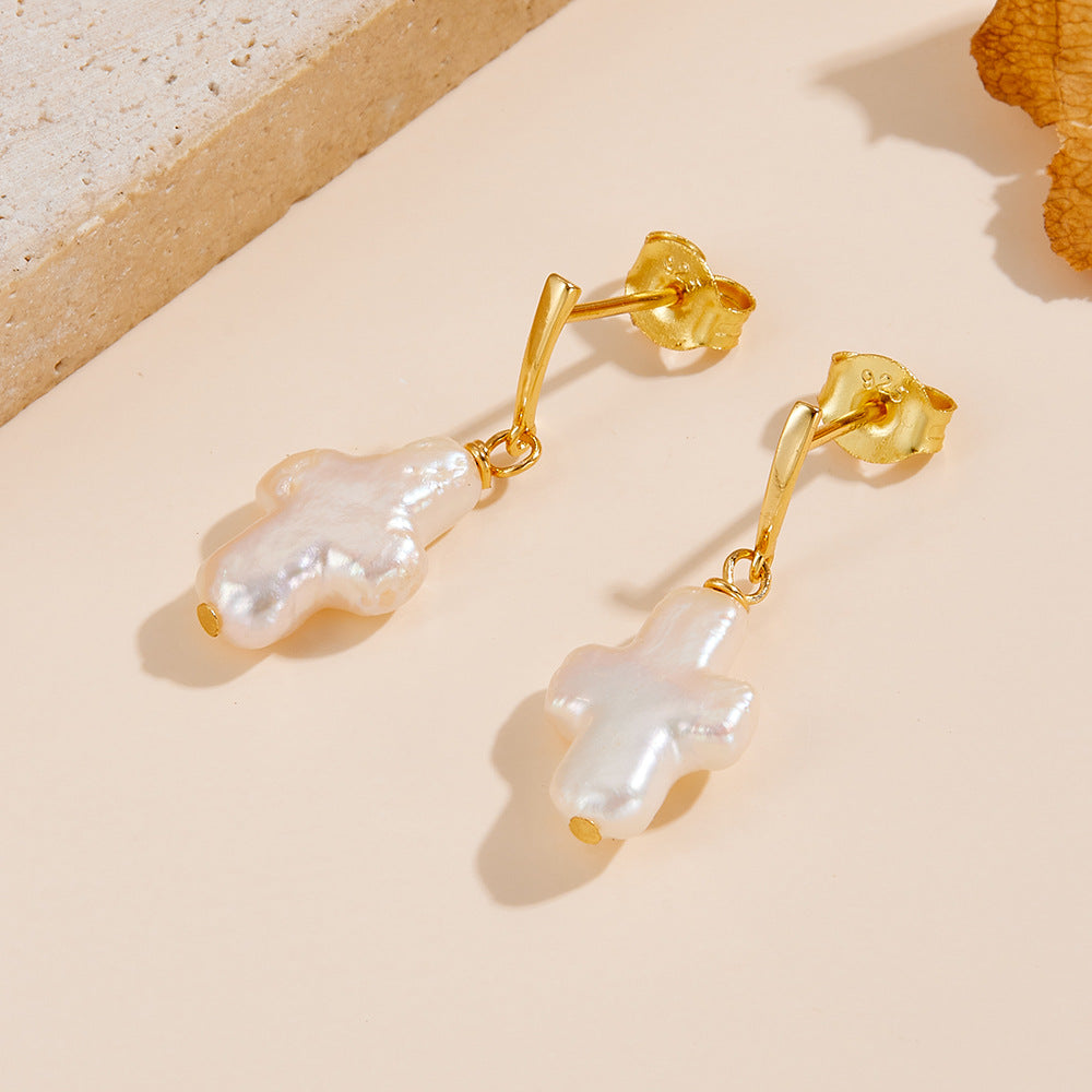 Cross Shape Pearl Drop Earrings