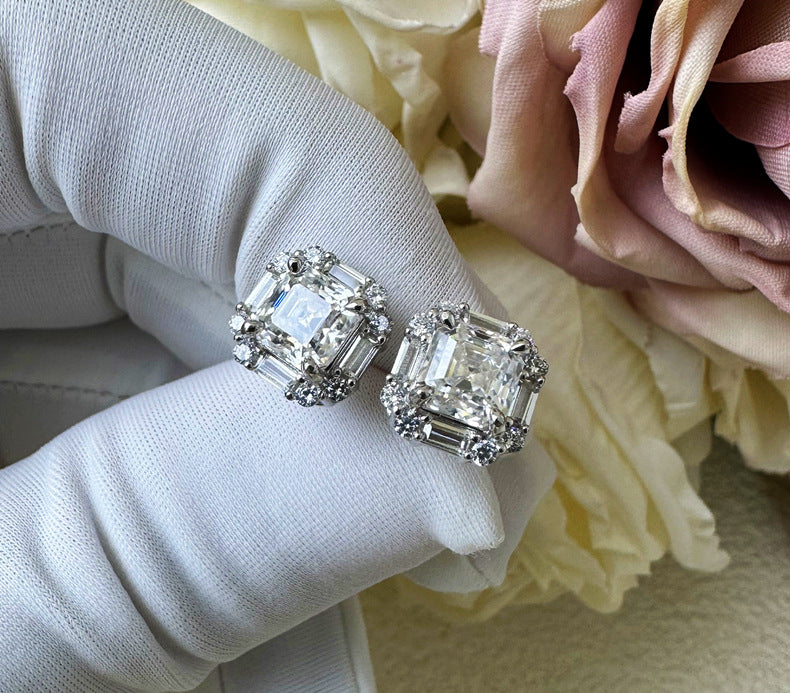 Asscher Cut Moissanite Silver Stud Earrings