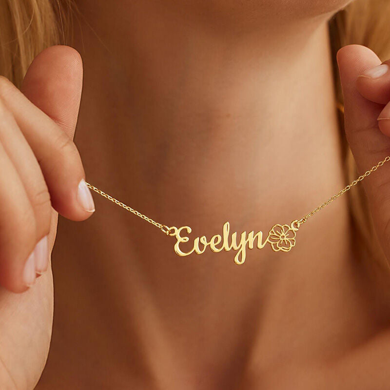 Personalize Name Necklace with Birth Flower in Stainless Steel