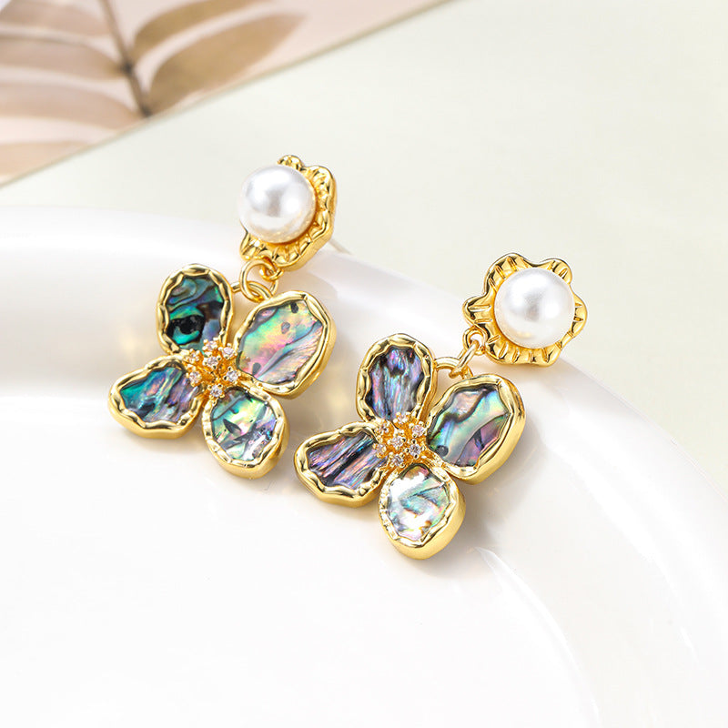 Retro Abalone Flower Pearl Tassel Earrings