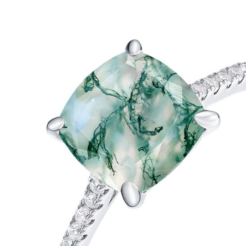 Cushion Shape Natural Green Moss Agate Ring