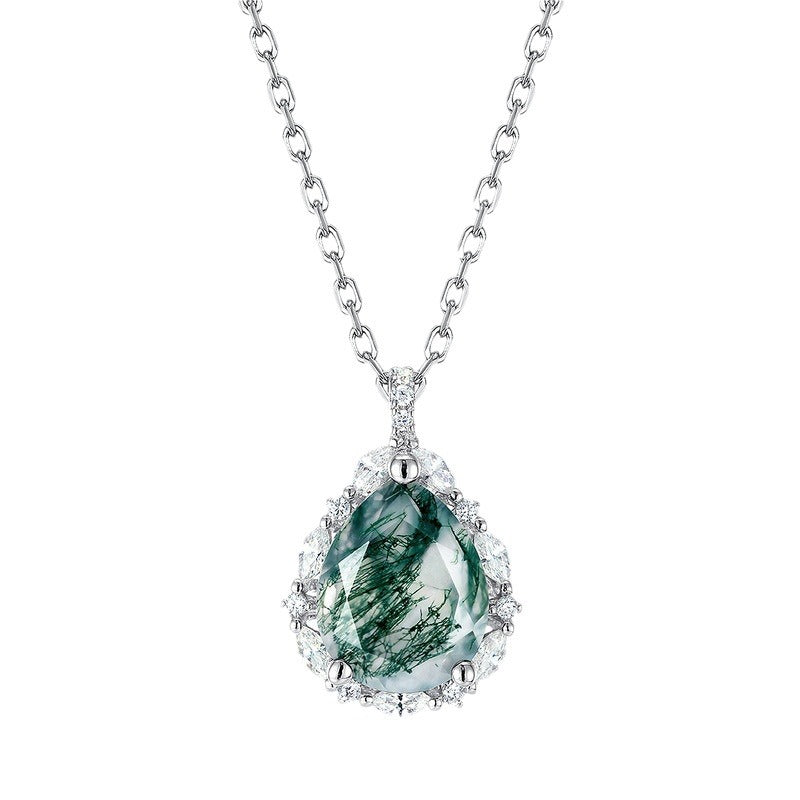 Pear Shape Halo Green Moss Agate Pendant Necklace