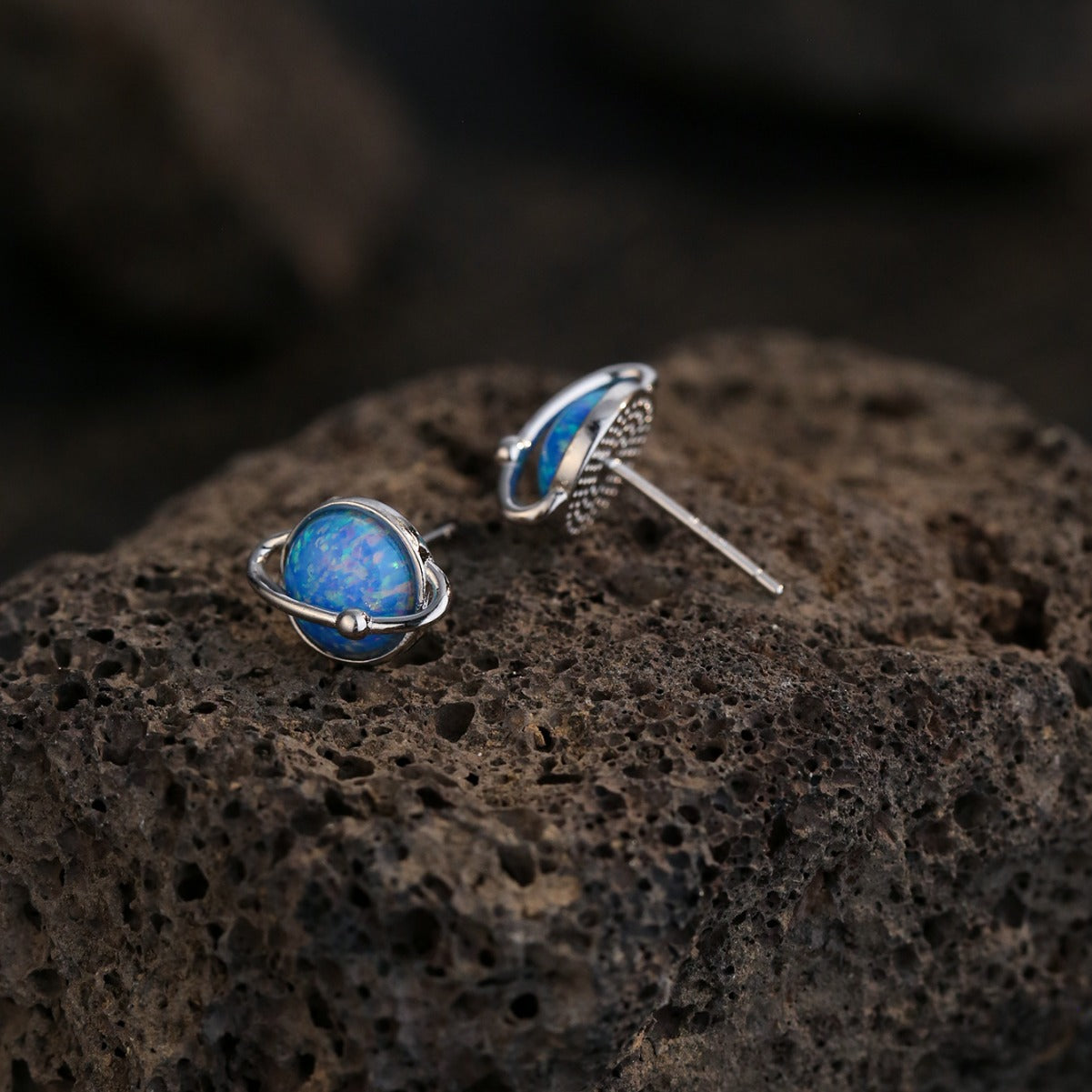 Retro Blue Earth Design Opal Stud Earrings
