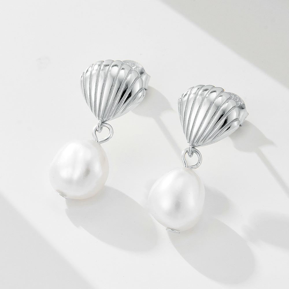 Shell Design Sterling Silver Shell Pearl Earrings