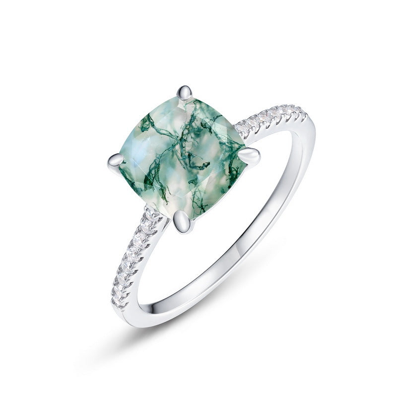 Cushion Shape Natural Green Moss Agate Ring