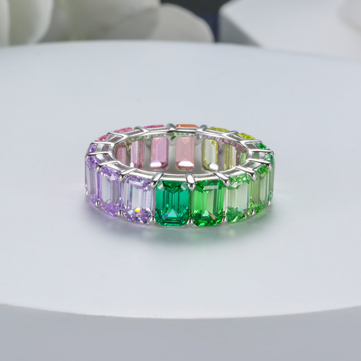 Rainbow Design Emerald Cut Eternity Band