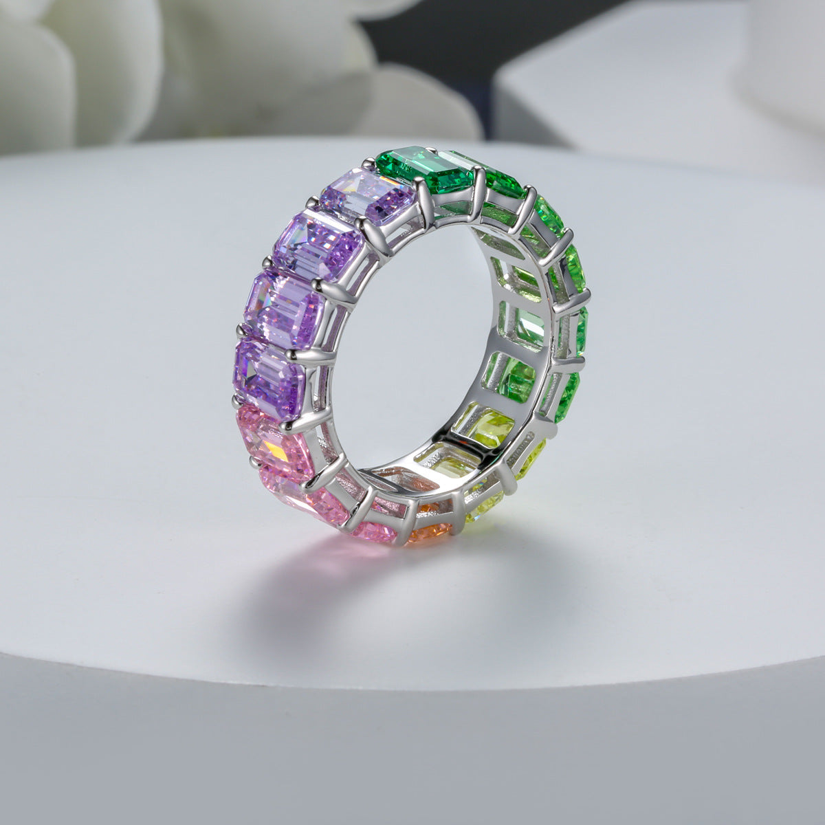 Rainbow Design Emerald Cut Eternity Band