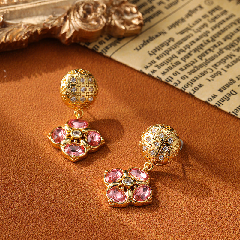 Vintage Pink Flower Design Golden Tone Drop Earrings