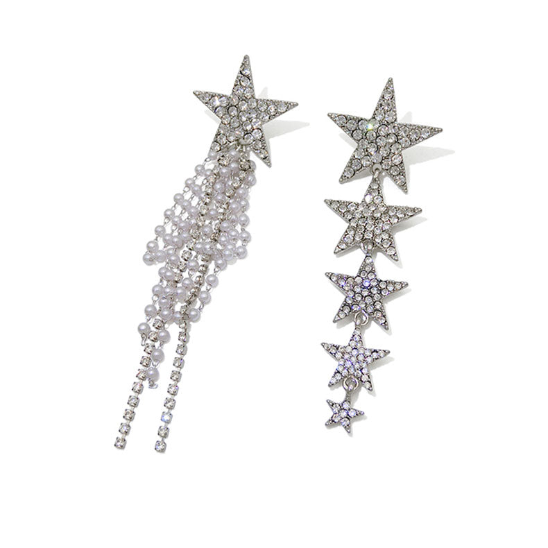 Asymmetric Pentagram Pearl Fringe Drop Earrings