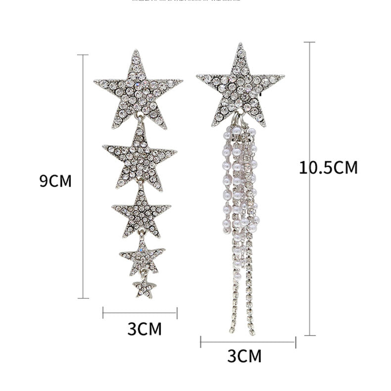 Asymmetric Pentagram Pearl Fringe Drop Earrings