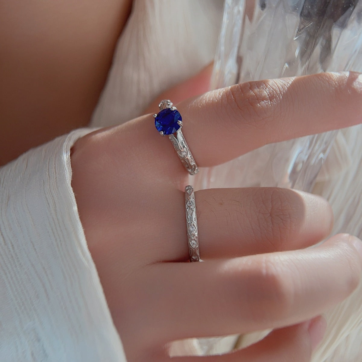 Vintage 2 Pcs Blue Round Cut Ring Set