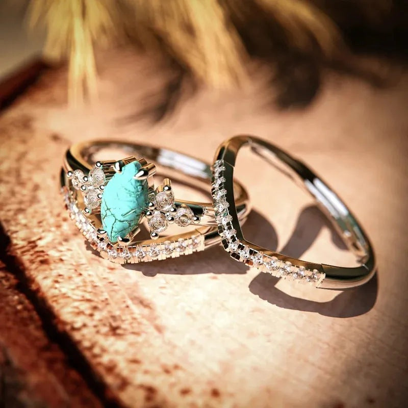 Vintage Turquoise Maquise Shape Ring Set