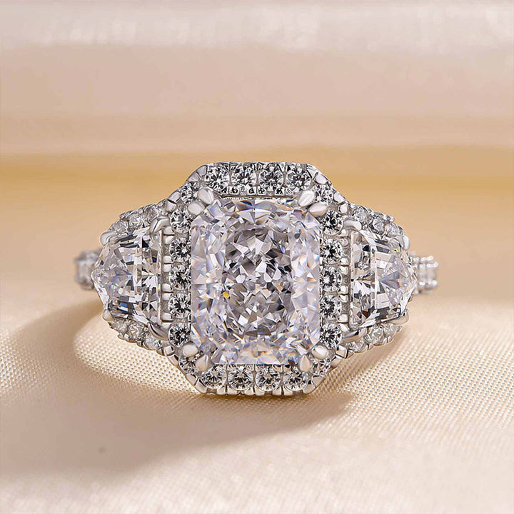 Exquisite Radiant Cut Halo Three Stone Engagement Ring In Sterling Silver