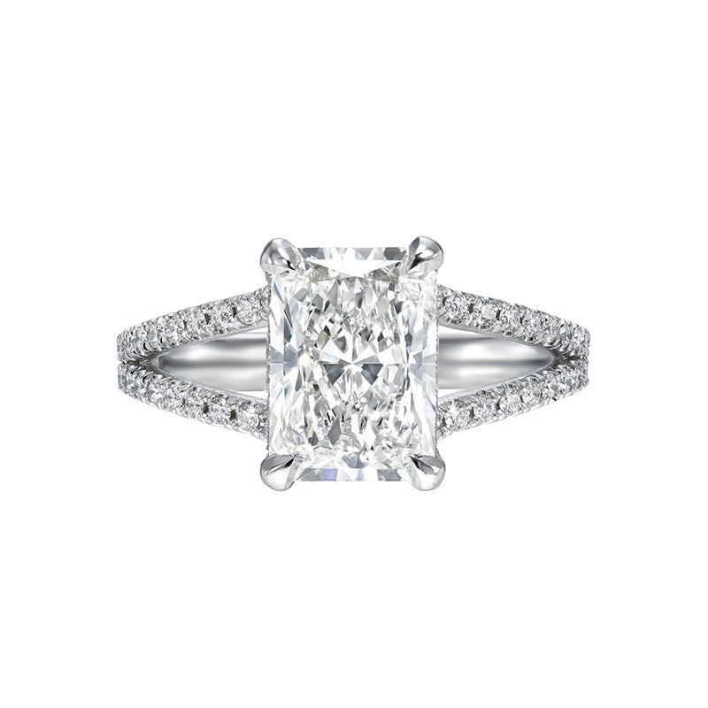 Exquisite Split Shank Radiant Cut Engagement Ring In Sterling Silver