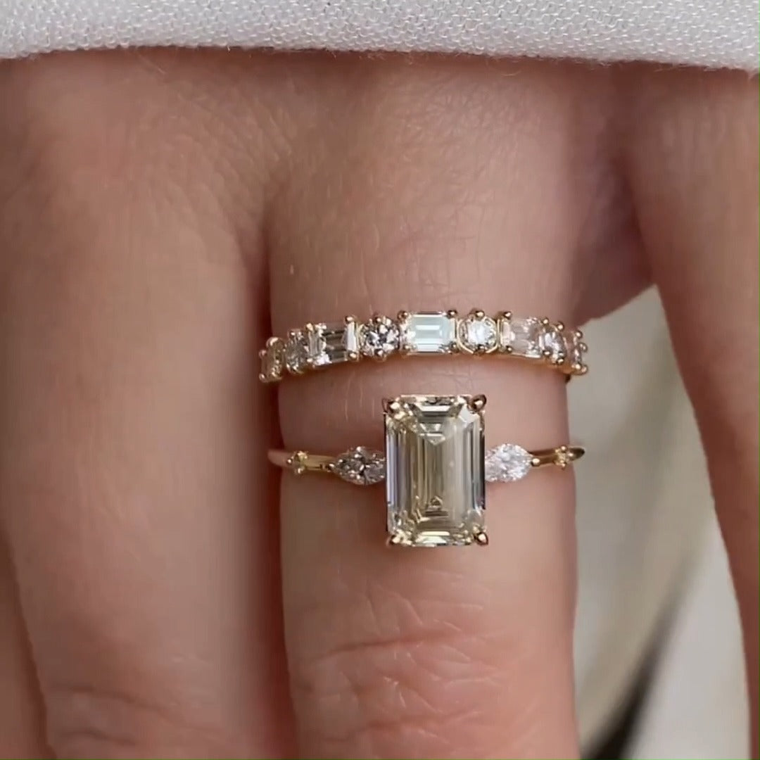 2pcs Luxurious Golden Tone Emerald Cut Three Stone Sterling Silver Bridal Set