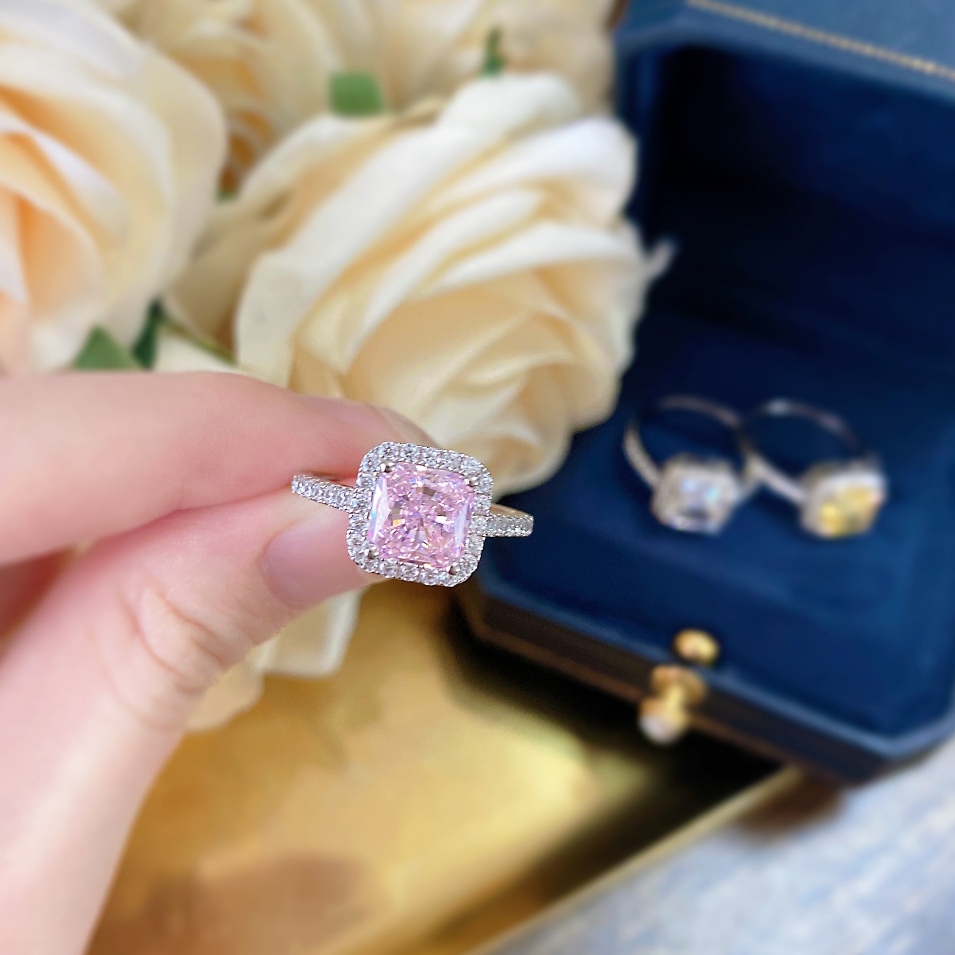 Vintage Cushion Cut Halo Design Yellow Sterling Silver Ring