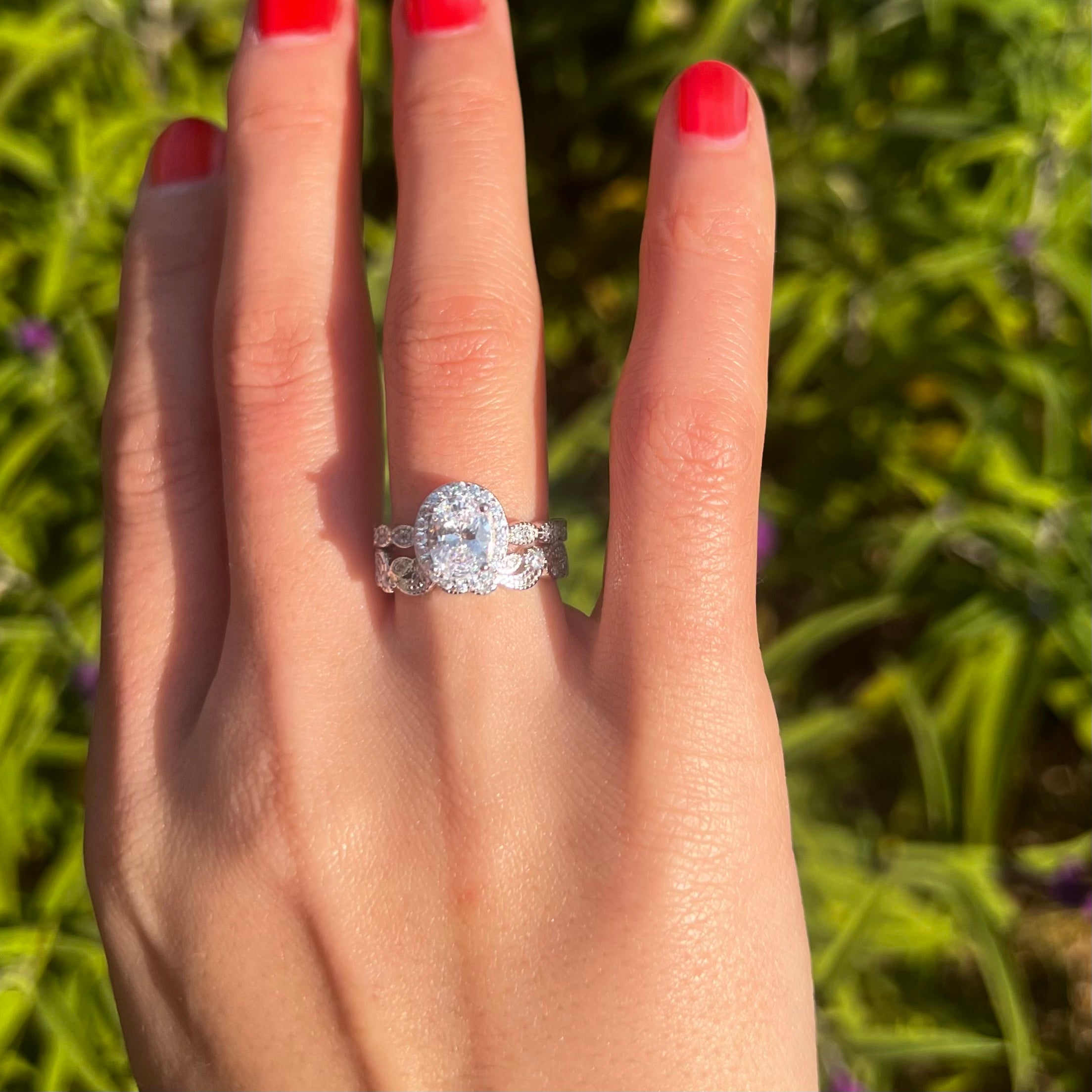 Unique 2 Pcs Oval Cut Halo Sterling Silver Bridal Set With Lace Band