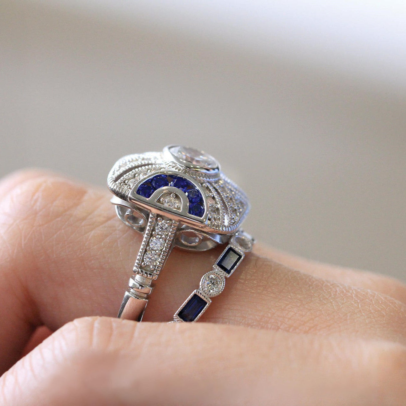 2PCS Art Deco-Inspired Geometric Statement Ring with Blue and White Stones