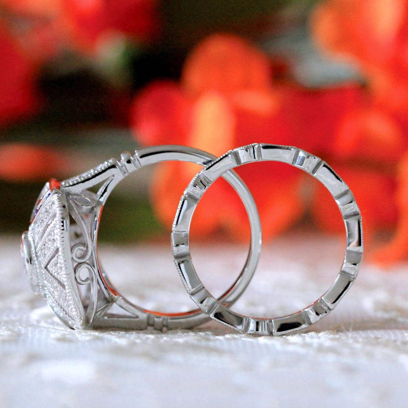 2PCS Art Deco-Inspired Geometric Statement Ring with Blue and White Stones