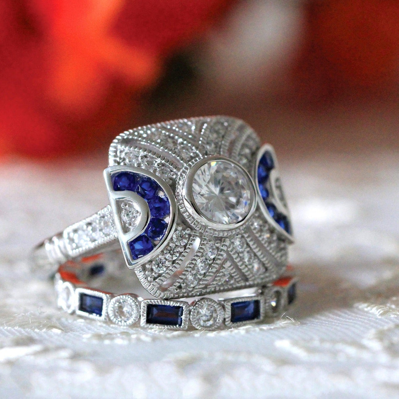 2PCS Art Deco-Inspired Geometric Statement Ring with Blue and White Stones
