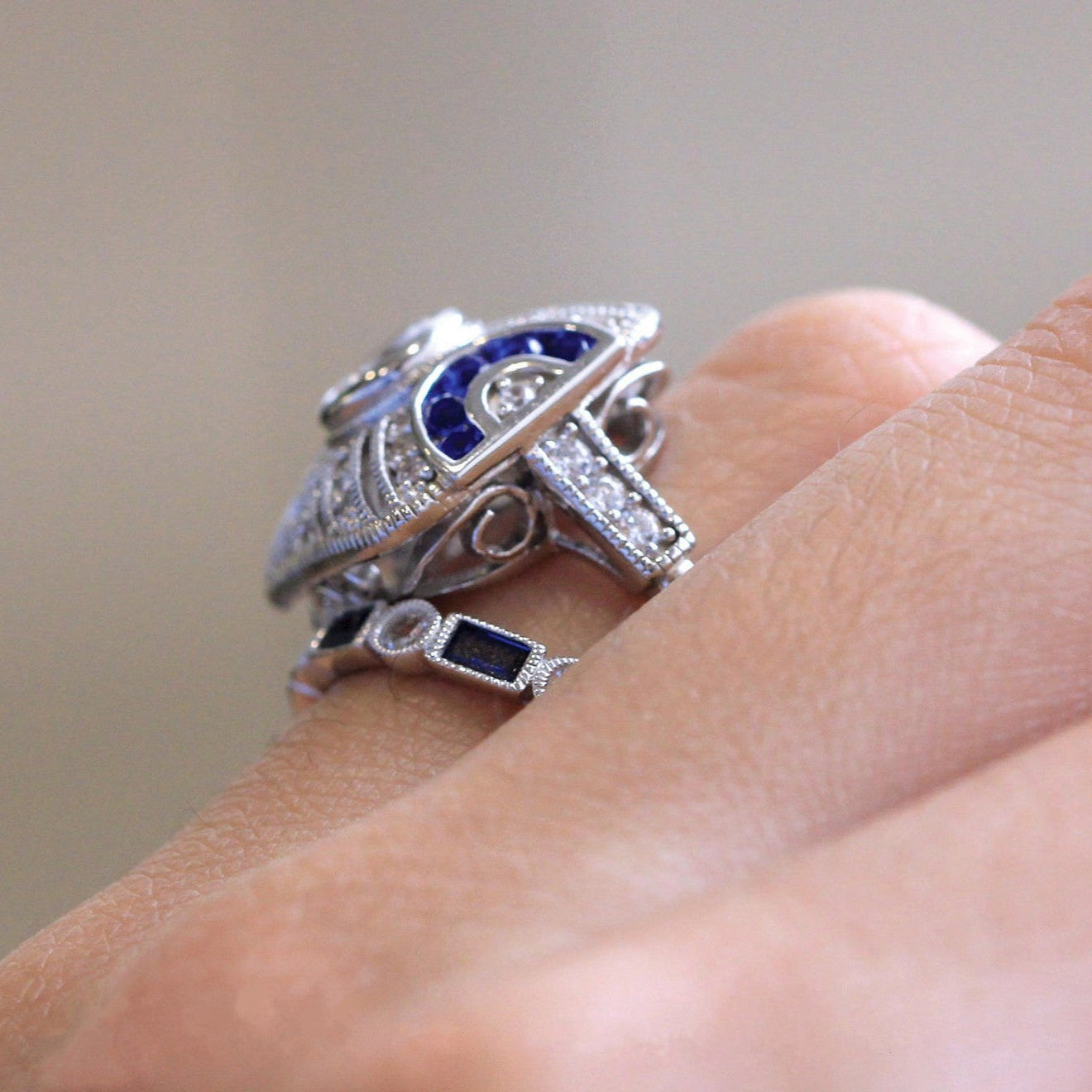 2PCS Art Deco-Inspired Geometric Statement Ring with Blue and White Stones