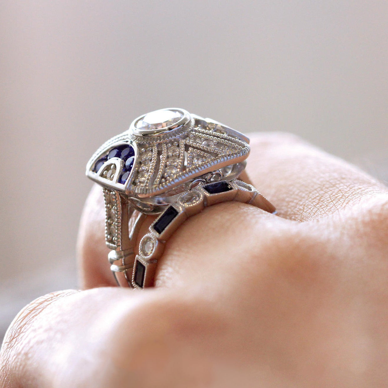 2PCS Art Deco-Inspired Geometric Statement Ring with Blue and White Stones