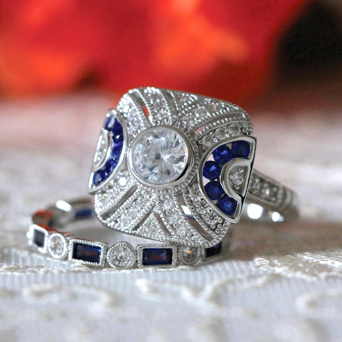 2PCS Art Deco-Inspired Geometric Statement Ring with Blue and White Stones